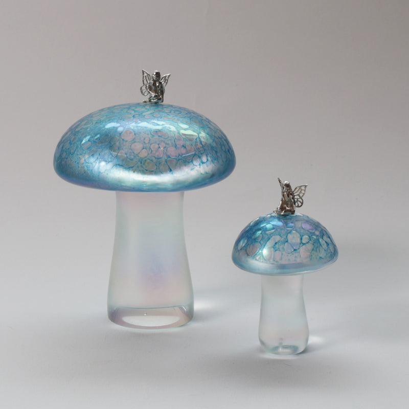 Handmade glass mushroom with fairy in aquamarine