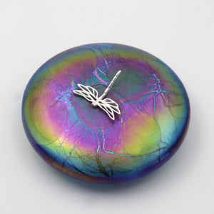Dragonfly on a Aquamarine Lily Trail Disc Paperweight