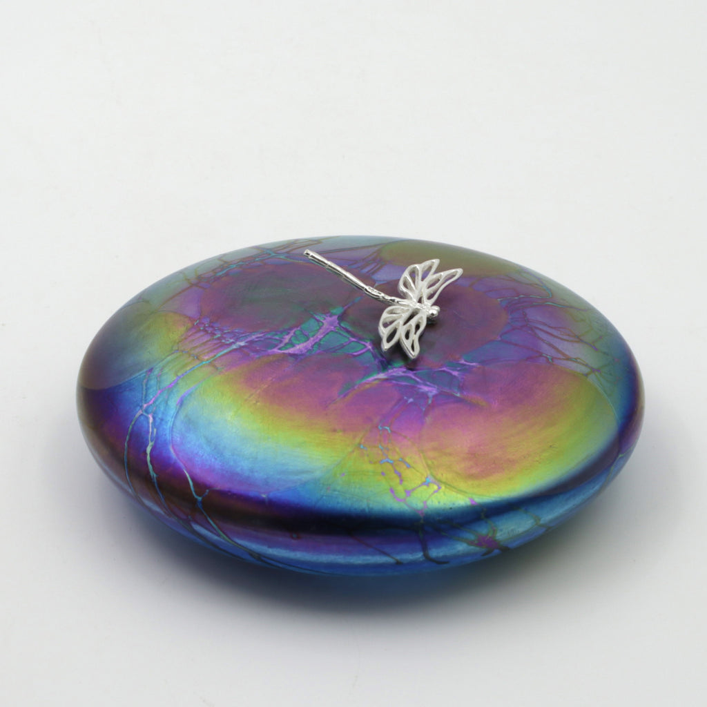 Dragonfly on a Aquamarine Lily Trail Disc Paperweight