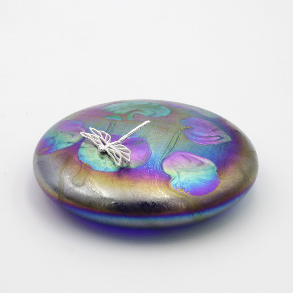 Dragonfly on a cobalt lily trail Disc Paperweight