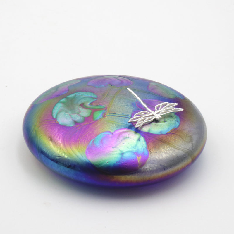 Dragonfly on a cobalt lily trail Disc Paperweight