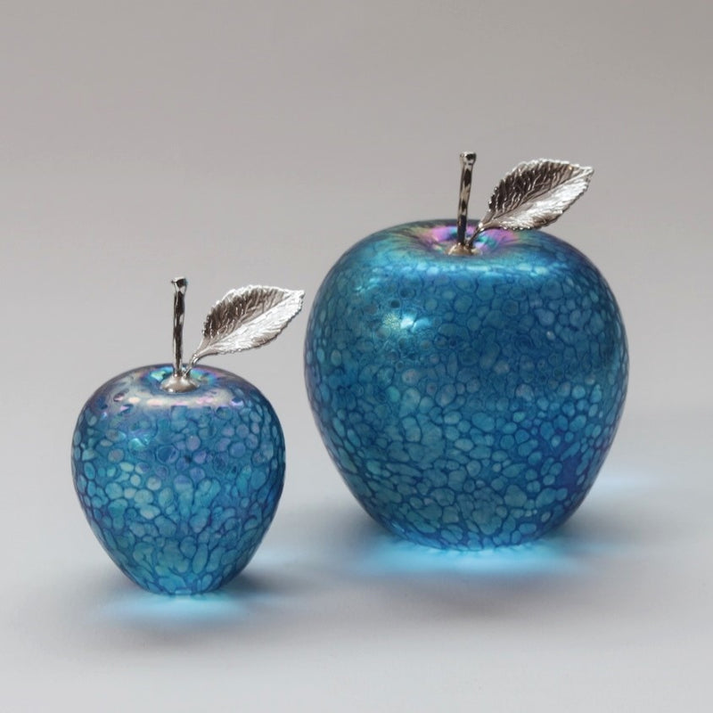 Handmade glass apples with silver stem and leaf in aquamarine