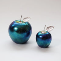 handmade glass apples in dark iridscent with silver stem and leaf