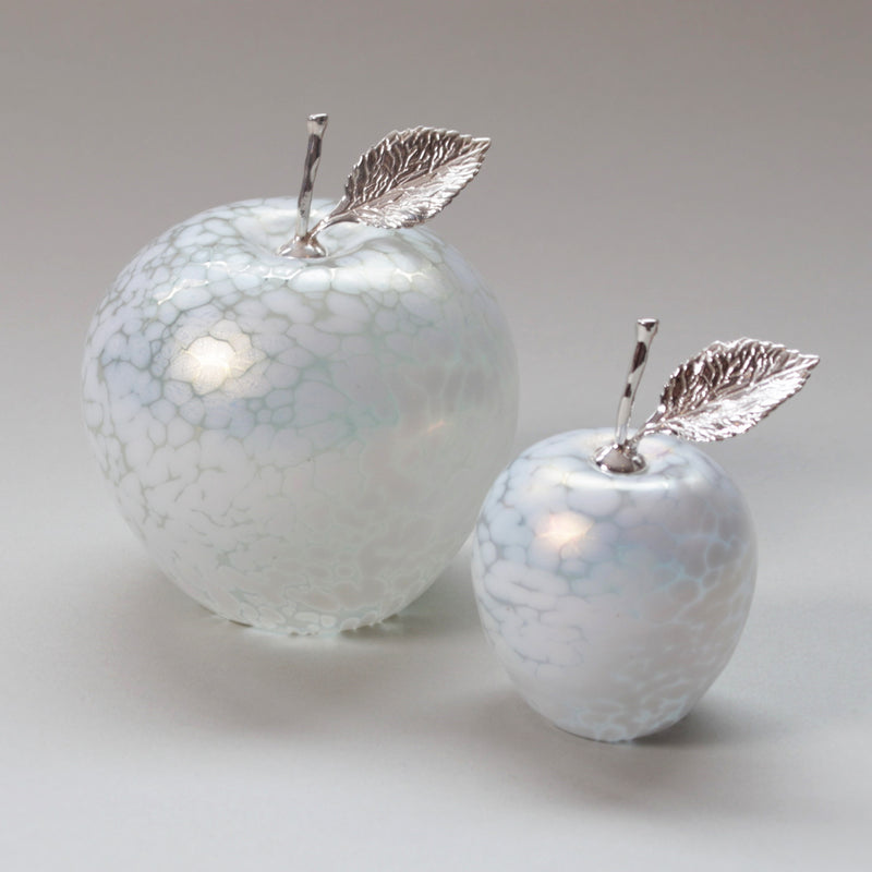 handmade glass apples in pearl white with silver stem and leaf