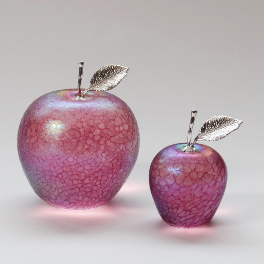 handmade glass apples in iridescent pink with silver sten and leaf