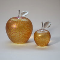 handmade glass apples in gold with silver stem and leaf