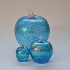 Set of three small, medium and large  iridescent aqumarine handmade glass apples