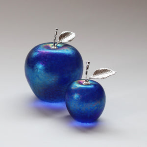 handmade glass apples in cobalt blue with silver stem and leaf