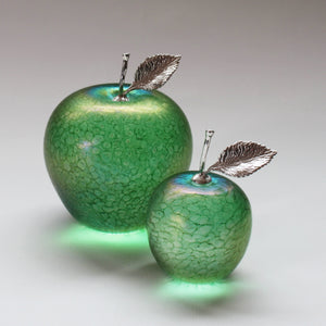 handmade glass apples with silver stem and leaf in iridescent green