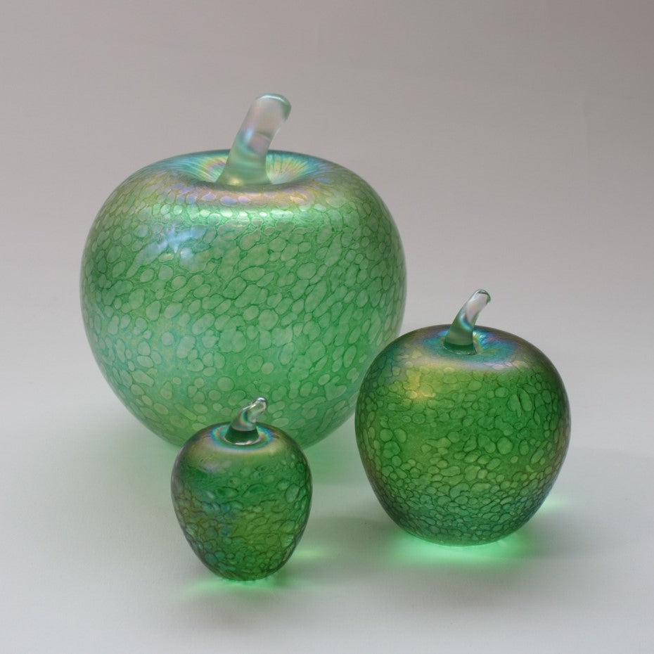 handmade glass apples in iridescent green