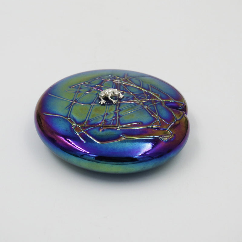 handmade glass lily shaped paperweight in iridescent with sterling silver frog 