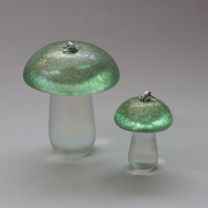 green handmade glass mushroom with sterling silver frog
