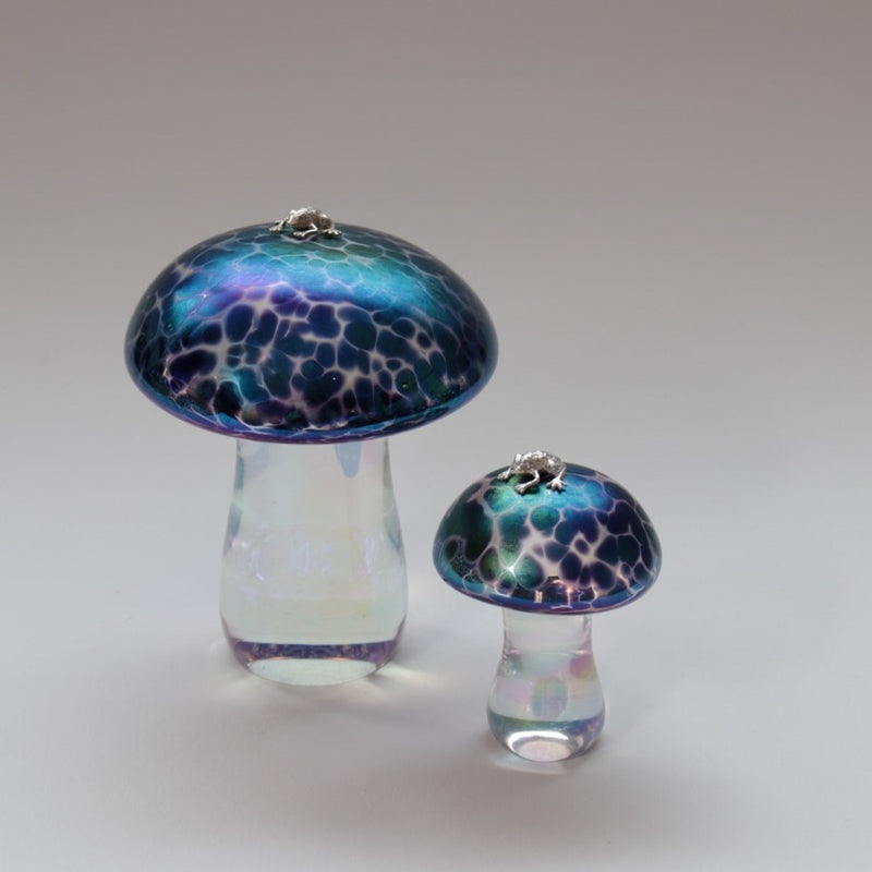 iridescent handmade glass mushroom with sterling silver frog