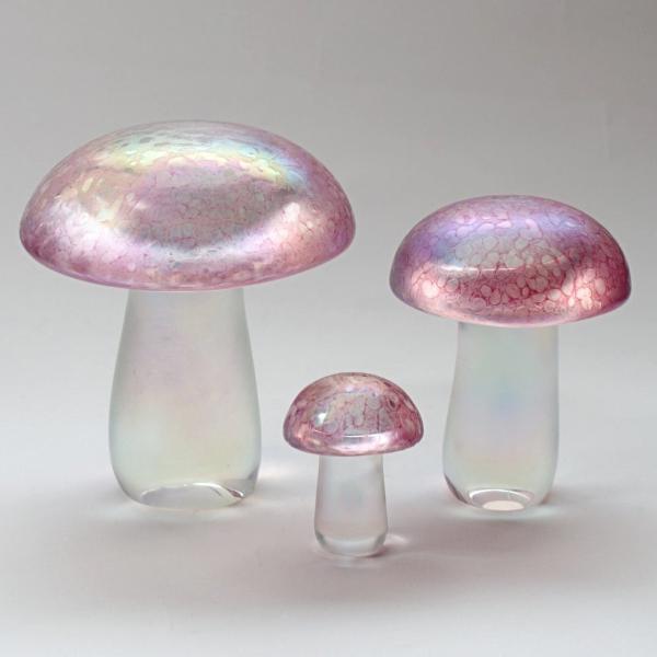 Set of iridescent pink handmade glass  mushrooms