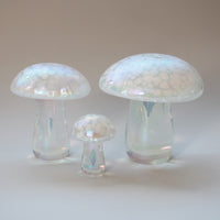 set of three handmade glass mushrooms in pearl white iridescent