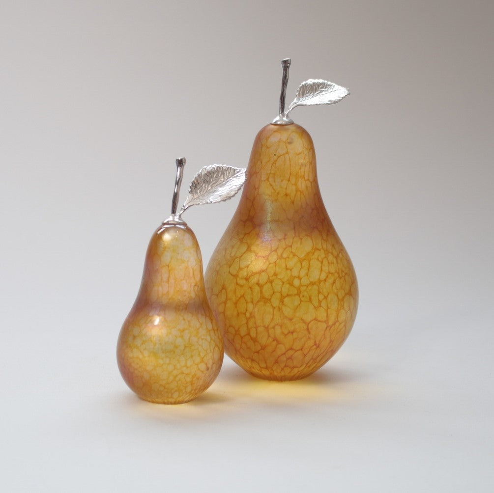 Medium and small sized British handmade iridescent gold glass pears with silver stem and leaf