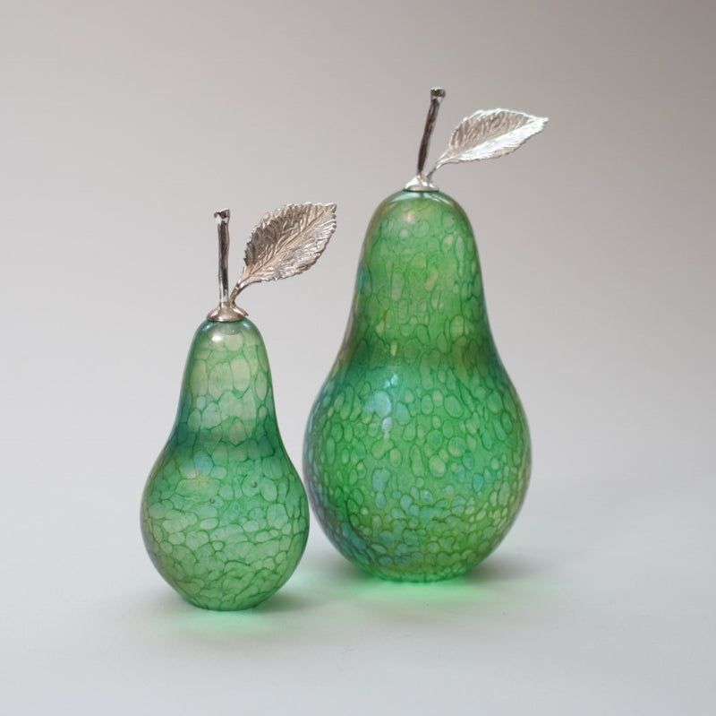 small and medium handmade glass pears in iridescent green with silver stem and leaf