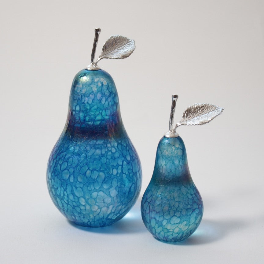 small and medium British handmade glass aquamarine pears with silver stem and leaf