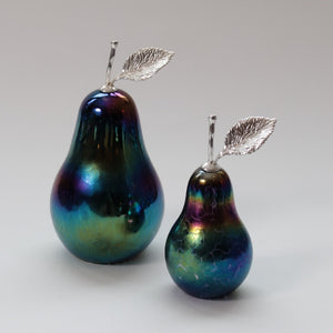 Iridescent handmade glass pears with silver stem and leaf