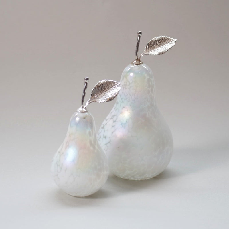 Handmade glass pears in iridescent pearl white with silver stem and leaf