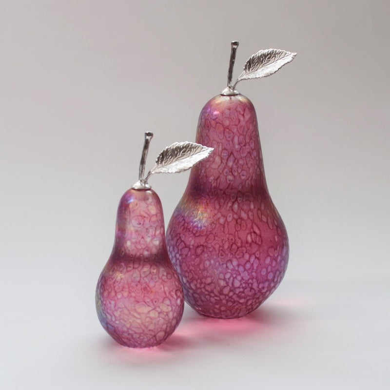 Handmade glass pears in iridescent pink with silver stem and leaf