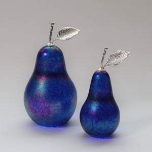 Small and medium British handmade glass pears in cobalt blue iridescent