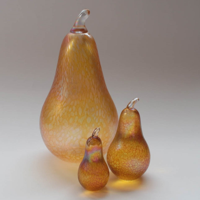 set of three handmade glass pears in iridescent gold