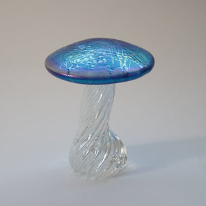 handmade glass toadstool with twisted stalk and iridescent aquamarine cap