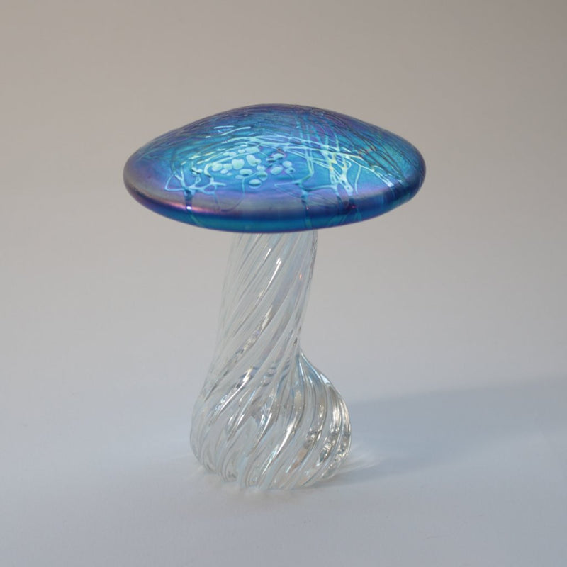 handmade glass toadstool with twisted stalk and iridescent aquamarine cap