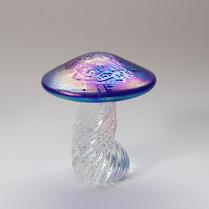 handmade glass toadstool with twisted stalk and iridescent cobalt blue cap