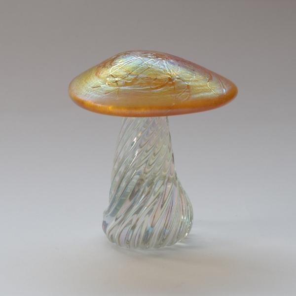 handmade glass toadstool with twisted stalk and iridescent goldcap
