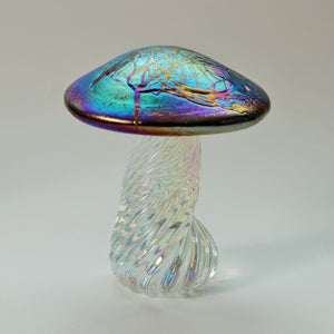 handmade glass toadstool with twisted stalk and iridescent cap