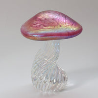 handmade glass toadstool with twisted stalk and iridescent pink cap