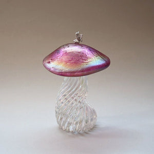 handmade glass toadstool with twisted stalk with pink iridescent cap