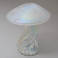 handmade glass toadstool with twisted stalk and pearl white iridescent cap
