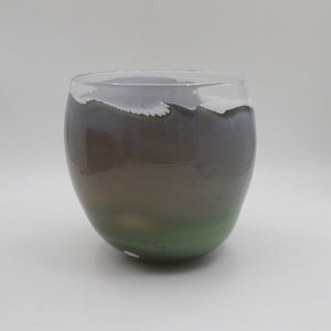 Handmade glass bowl in greens browns and wh